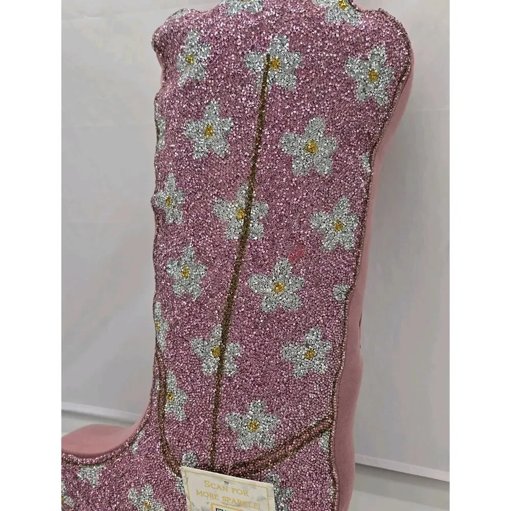 Sparkles Home Luminous Pink Flower Cowgirl Boot Rhinestone Shaped Throw Pillow